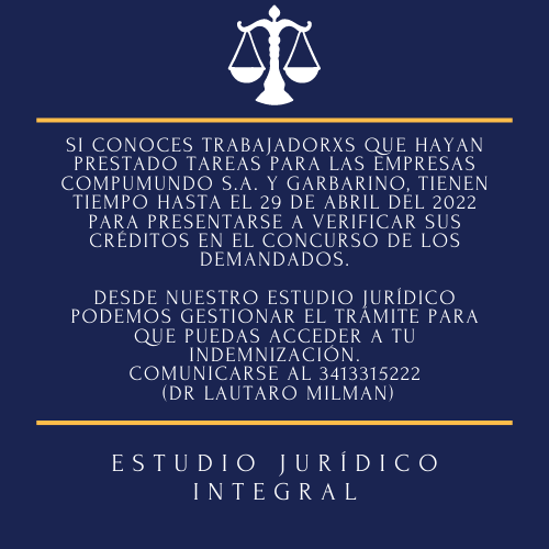 LautMilman's tweet photo. Si conoces trabajadorxs que hayan prestado tareas para las empresas #Compumundo o #Garbarino, tienen tiempo hasta el 29 de abril del 2022 para presentarse a verificar sus créditos en el concurso de los demandados. https://t.co/hKlFDYystG