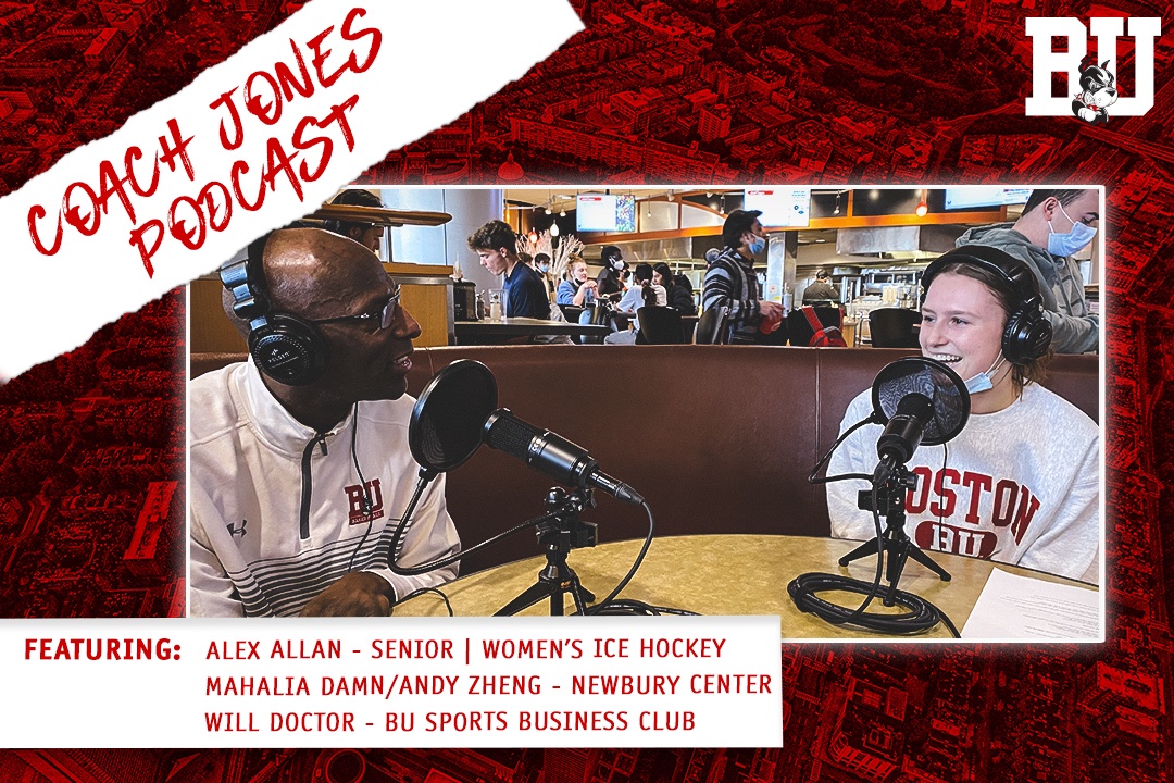 Listen up! We're back with the <a href="/BUCoachJones/">Joe Jones</a> Podcast.

Episode 3 of season 4 features: 
0:39 - <a href="/TerrierWHockey/">BU Women's Hockey</a>'s Alex Allan
7:16 - Mahalia Damn and Andy Zheng from <a href="/BUNewburyCenter/">Boston University Newbury Center</a> 
15:15 - Will Doctor from the BU Sports Business Club

LISTEN:  GoTerriers.com/CoachJonesPodc…