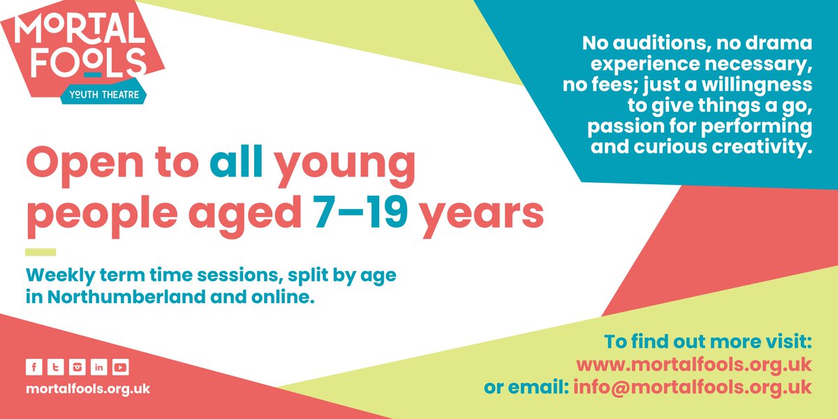 Our Youth Theatre groups in Tyne Valley, in Ashington &amp; online are open to new members! We are looking for folks 7–19 yrs to join our weekly groups to celebrate our 10th Birthday in the Summer &amp; get involved with exciting projects! To find out more email: info@mortalfools.org.uk