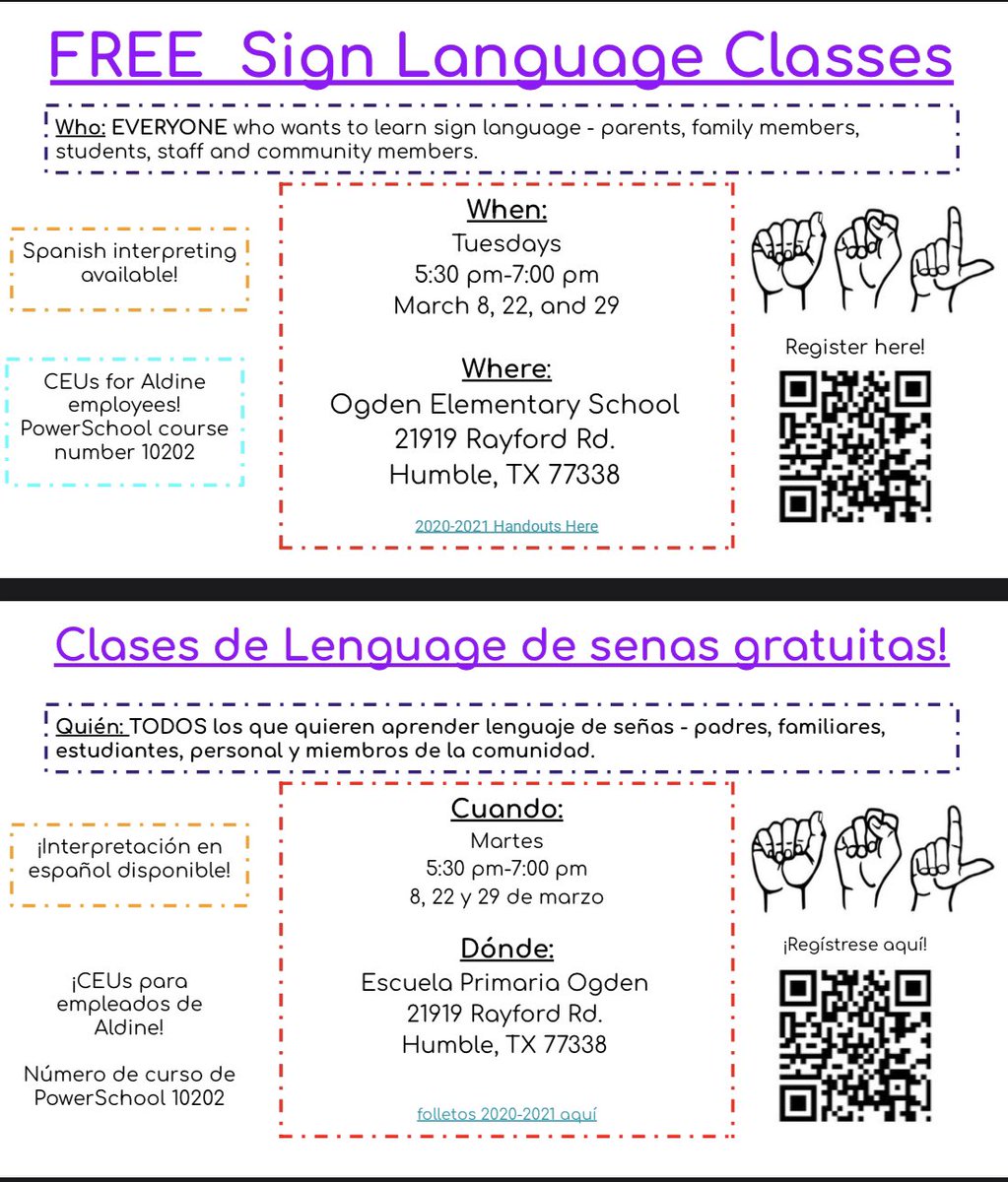 I am so excited to announce that we will be offering spring semester ASL classes again this year! I will be teaching the beginner group! All levels are welcome! <a href="/Srockam/">Amber Srock</a> <a href="/aldinesped/">Aldine ISD SPED</a> <a href="/OgdenES_AISD/">Rick Ogden Elementary School</a>