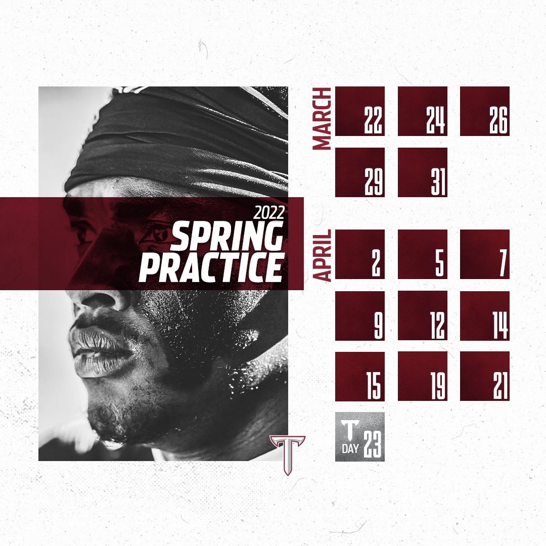 TroyTrojansFB's tweet photo. We’re back in ☝️ month!

Spring practice and T-Day dates are set 😤

#RiseToBuild | #OneTROY ⚔️🏈 https://t.co/XZCmbIsyf0