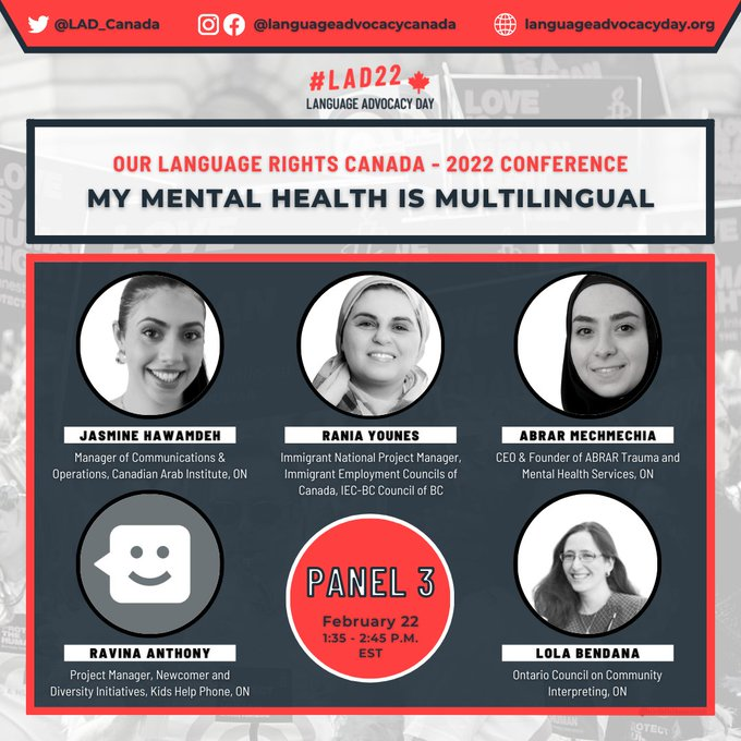 We need more culturally-sensitive and linguistically-reflective #mentalhealth services for newcomers in #onpoli, #cdnpoli and beyond. Thank you for an amazing panel <a href="/ranooshy/">Rania Younes</a> <a href="/jas_hawamdeh/">jasmine</a> <a href="/AbrarMch/">Abrar Mechmechia</a> <a href="/Multi_Languages/">Multi-Languages</a> and Ravina! #LAD22