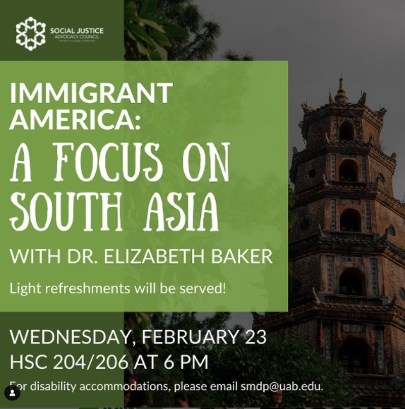 Free tomorrow evening? Come here me talk about immigration and South Asian Americans! They are serving light refreshments, which would have been a draw for me in undergrad <a href="/UABSociology/">UAB Sociology</a>
