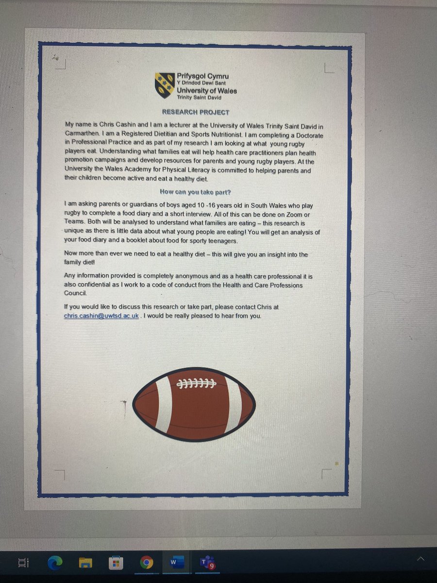 Calling out to Parents/Guardians in South Wales who have boys playing rugby aged 10 - 16 years! Would you like to take part in an exciting nutrition research project that would help us to understand what kids eat? Take a look at the attached flyer and contact me. Please re tweet.