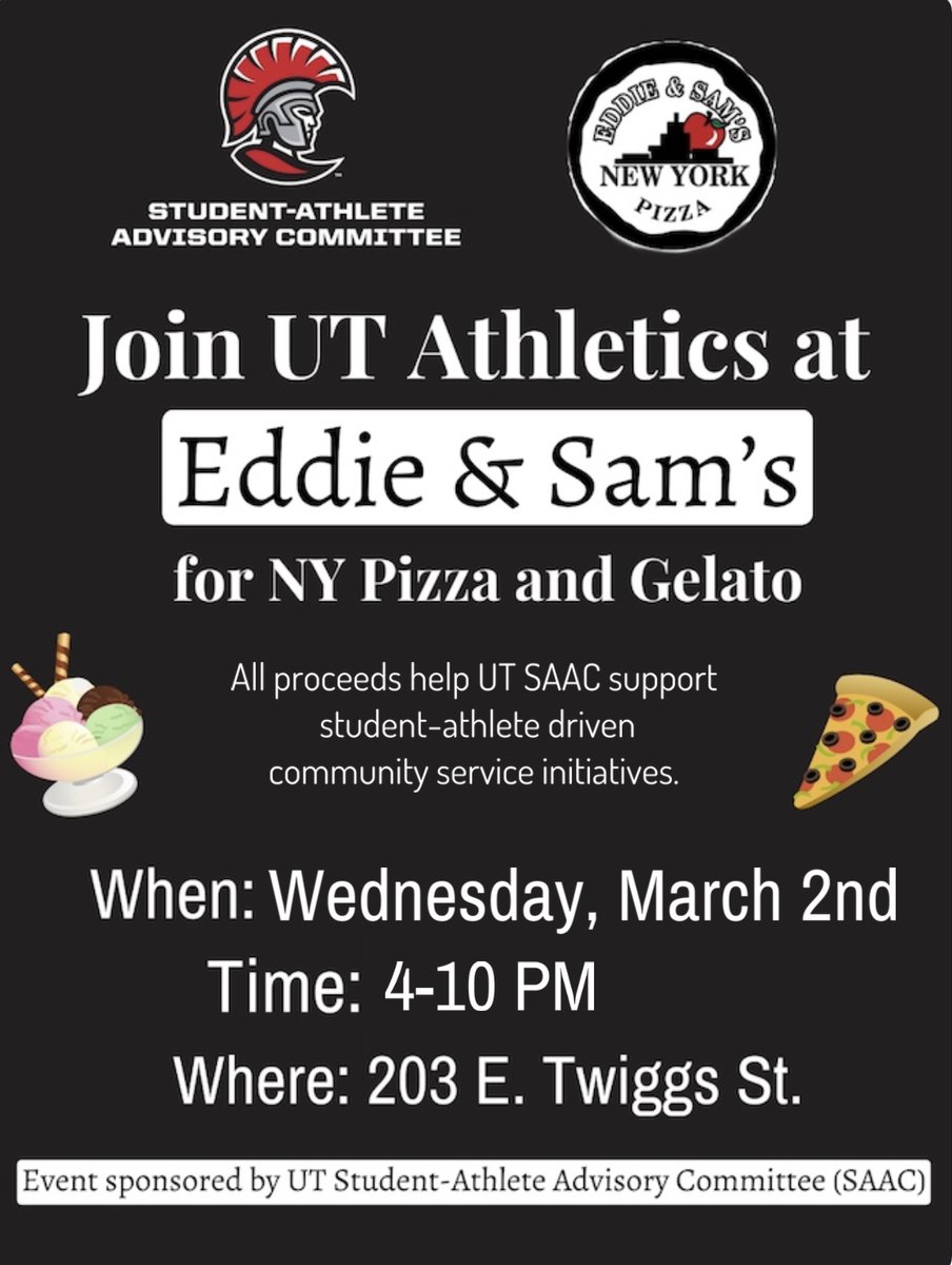 SpartacusUT's tweet photo. Hey Spartan fans! Want to support Spartan athletics AND enjoy a delicious dinner? If so, order from Eddie &amp; Sam's N.Y. Pizza on Wednesday, March 2nd from 4-10 PM! Make sure you mention that you are with UT Athletics or UT SAAC. We can't wait to see you there! #StandAsOne🛡 https://t.co/gQ15AWqgoI
