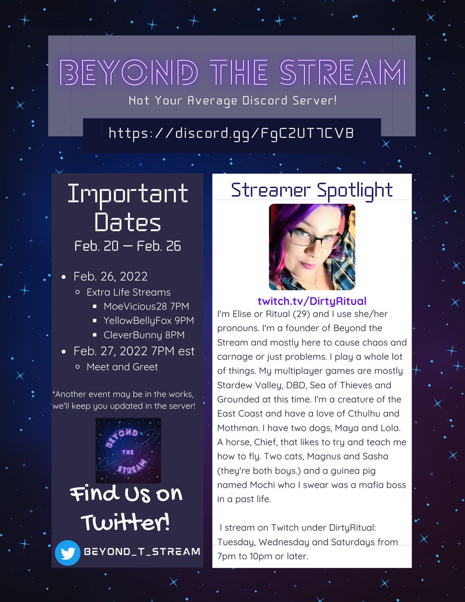 Beyond_t_Stream's tweet photo. Hiya! Our newsletter this week is featuring the ever lovely @dirtyritual ! Some of our founders are also doing their monthly Extra Life Streams at the end of the week! https://t.co/ctuP79JU8g