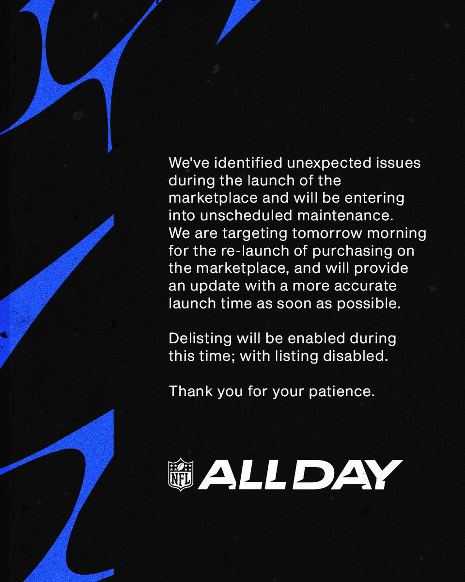 NFLALLDAYUpdate's tweet photo. An update on the NFL ALL DAY Marketplace. https://t.co/5DMJ0QMW6S