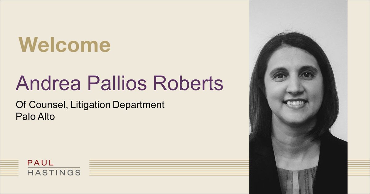 Paul_Hastings's tweet image. Our IP practice's robust growth continues with the addition of high-stakes tech trial lawyer, Andrea Pallios Roberts. Further strengthening our abilities in Northern California, Andrea joins our Palo Alto office as counsel. Learn more about Andrea. bit.ly/3JPaCfh