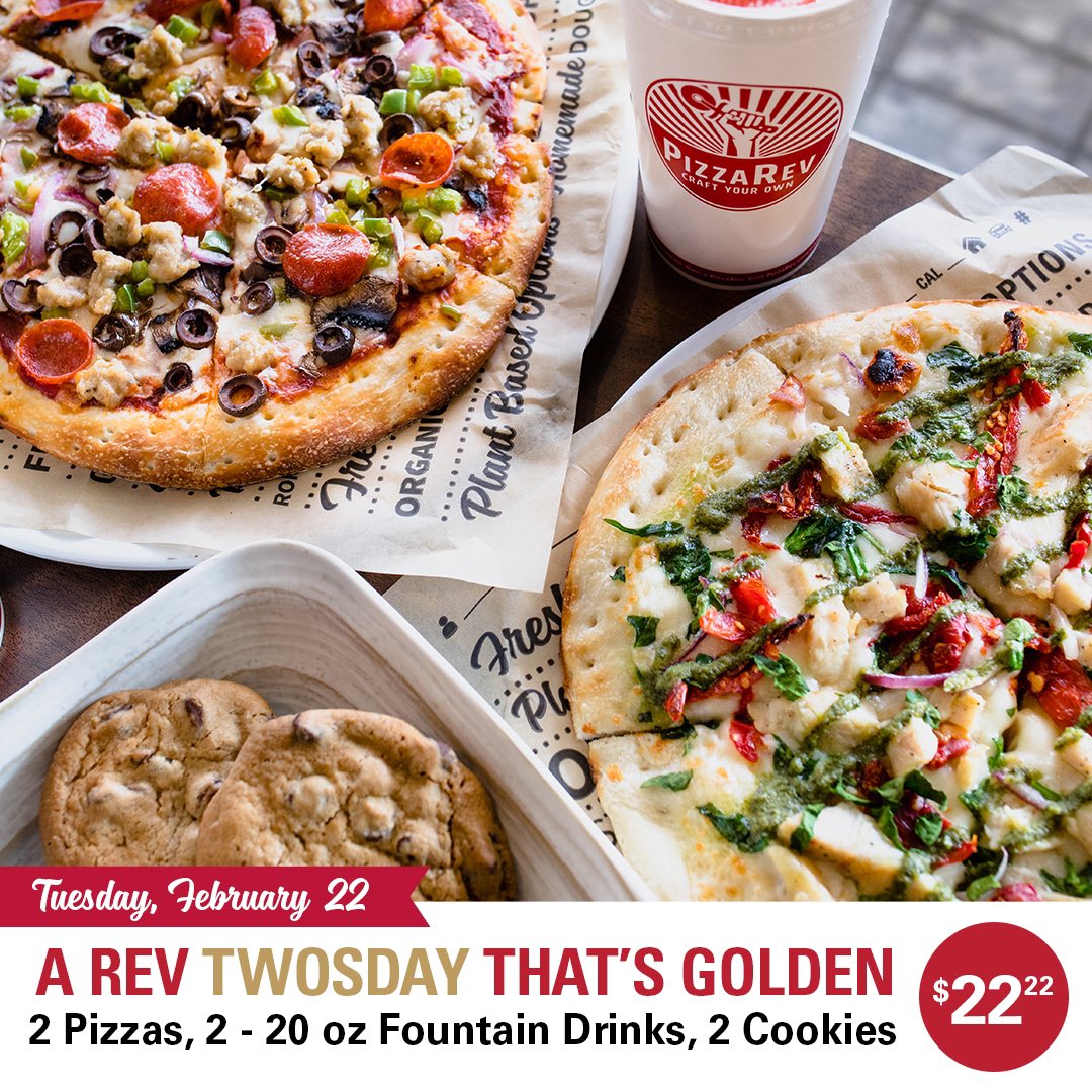Double down with our GOLDEN DEAL, today only—2 Pizzas, 2 Drinks, 2 Cookies for only $22.22! *Plus tax where applicable. No substitutions. Crust upgrades and taxes are extra. Cannot be combined with any other offers. Valid at participating locations on 2/22/22 only. #Twosday