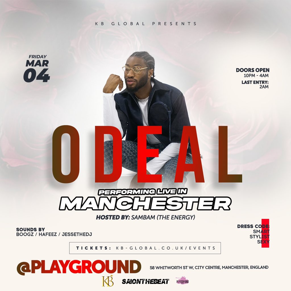 THE PARTY CONTINUES 💃🏾🕺🏿

4th of March

<a href="/iamodeal/">ODEAL</a> LIVE IN MANCHESTER

 kb-global.co.uk/events