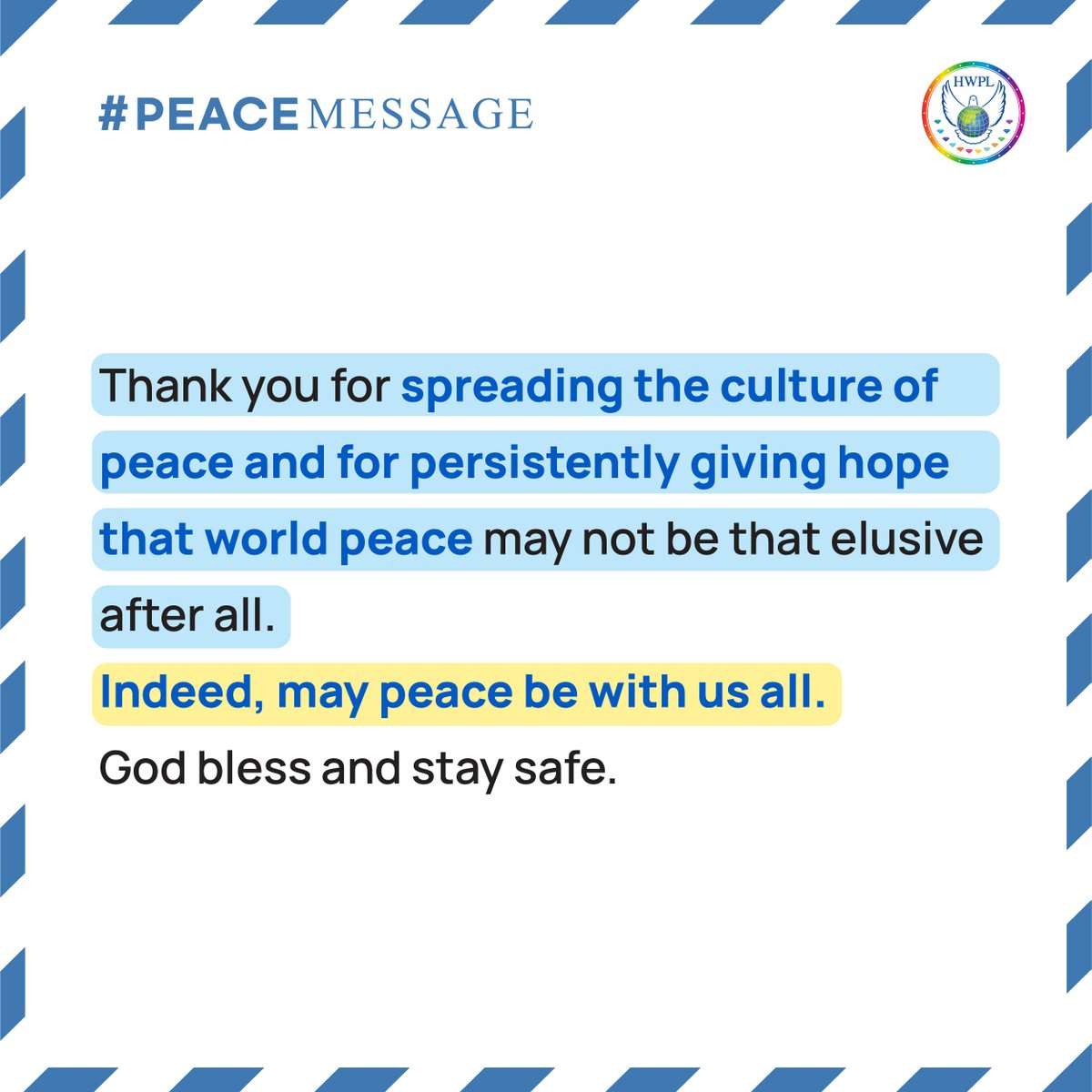 hwpl_ph's tweet photo. #PEACEMESSAGE "We are one with you in wishing for permanent peace on earth and putting an end to wars, violence, and its accompanying ill-effects such as ..
"#HWPL #Together_Peace #WeAreOne
#LawforPeace #AllianceofReligions #PeaceEducation
#peace #worldpeace #peaceconversation" https://t.co/xgGwHWykIc