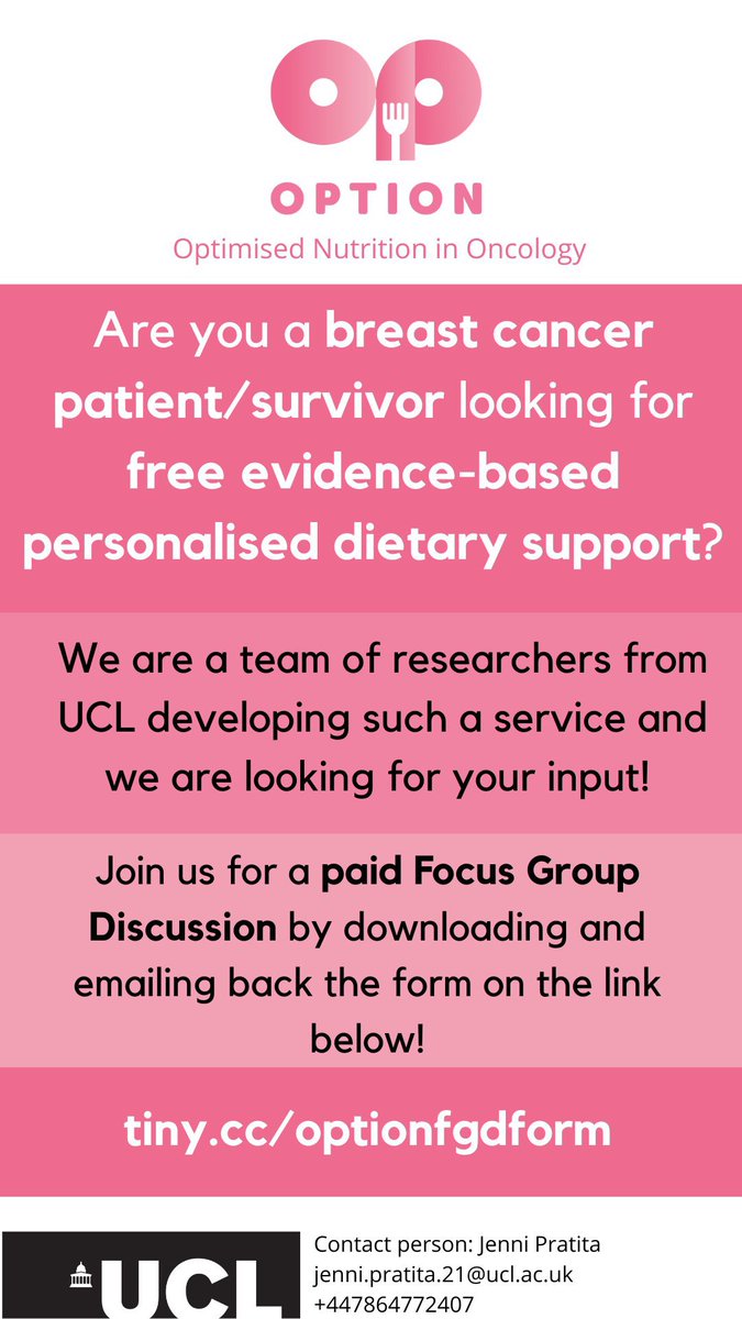 Dr Liz O'Riordan (@liz_oriordan) on Twitter photo <a href="/option_health/">Option Health</a> are funded by UCL developing free evidence-based personalised dietary support to breast cancer patients. They need a focus group - can you help? tiny.cc/optionfgdform
<a href="/Tickoffcancer/">tickoffbreastcancer</a> <a href="/bccww/">BreastCancer Chat WW #BCCWW</a> <a href="/LobularBCUK/">LobularBCUK</a> <a href="/METUPUKorg/">METUPUK</a> <a href="/Make2ndsCount/">Make 2nds Count</a> <a href="/BreastCancerNow/">Breast Cancer Now</a> <a href="/option_health/">Option Health</a> are funded by UCL developing free evidence-based personalised dietary support to breast cancer patients. They need a focus group - can you help? tiny.cc/optionfgdform
<a href="/Tickoffcancer/">tickoffbreastcancer</a> <a href="/bccww/">BreastCancer Chat WW #BCCWW</a> <a href="/LobularBCUK/">LobularBCUK</a> <a href="/METUPUKorg/">METUPUK</a> <a href="/Make2ndsCount/">Make 2nds Count</a> <a href="/BreastCancerNow/">Breast Cancer Now</a>