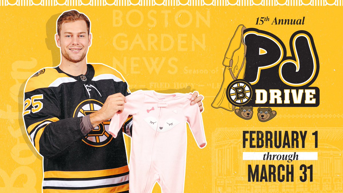 The Bruins are hosting their 15th Annual PJ Drive through March 31. Donations can be made online or at the 3/10 game where there will be an in-game PJ collection. The drive benefits @c2cboston and @wonderfundma. For more information, visit: nhl.com/bruins/communi…