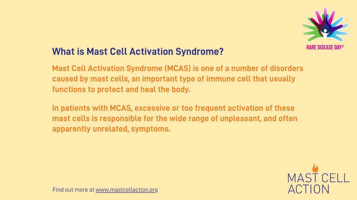 As we approach rare disease day, we would like to take the opportunity to raise awareness about MCAS. Please share the graphics which we will be posting each day and help us to tell people all about MCAS! #mcas #mca #rarediseaseday #masto #masties #mastcells