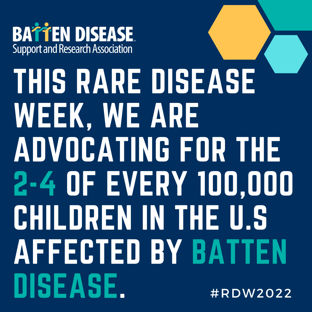 BDSRA's tweet photo. For #RareDiseaseWeek2022, BDSRA is advocating for the 2-4 of every 100,000 children & adults in the U.S. affected by Batten Disease. Follow @BDSRA on social media to learn more about the impact of Batten Disease on the Rare Community. Link in Bio! #BDSRA #NCL #RareAlly https://t.co/GTHb0ByToV