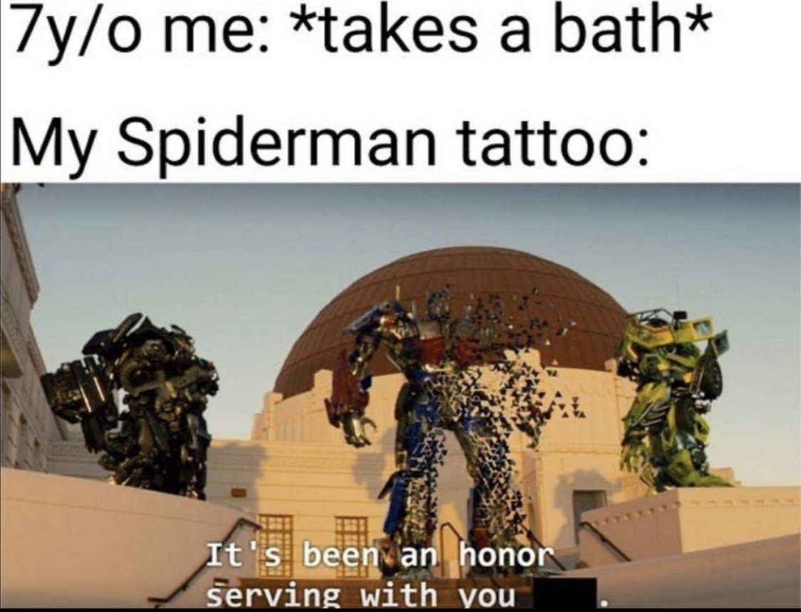 Thanos had been snapping my heroes since kindergarten 

#spidermantattoo #childhood #tattoomeme #temporarytattoos #ink #childhoodmeme #marvel #avengers #mcu