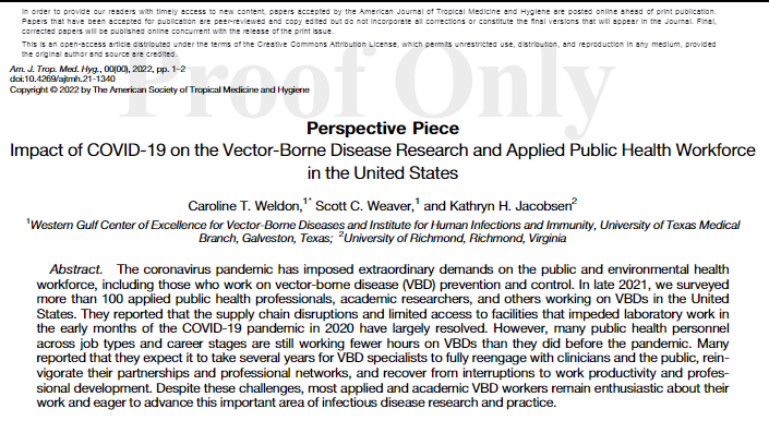 AJTMH's tweet photo. Impact of #COVID19 on the #Vector-Borne Disease Research and Applied Public Health Workforce in the United States https://t.co/BsEvqh5vKh @carolinetweldon @WGCVBD @UTMBNews @ASTMH https://t.co/OWbSrDrefo