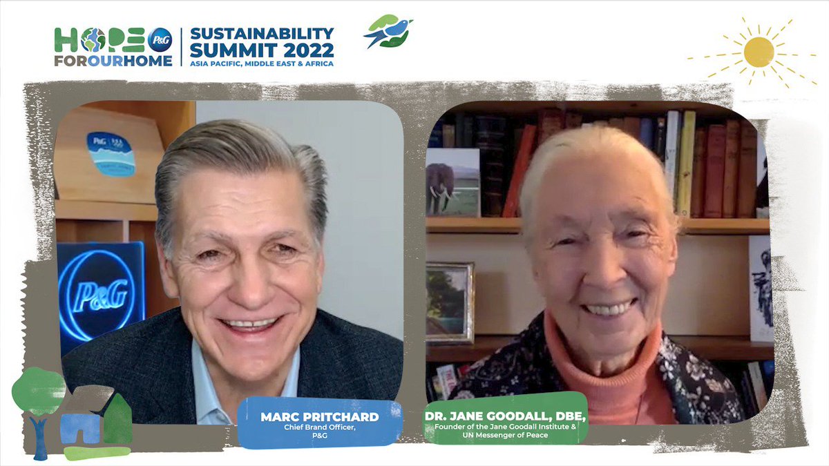 ProcterGamble's tweet photo. Founder of @JaneGoodallInst, Dr. Jane Goodall, &amp; Chief Brand Officer, Marc Pritchard, shared key areas to drive real change for our planet at the P&amp;G Asia Pacific, Middle East, &amp; Africa 2022 Sustainability Summit. Watch the full session: https://t.co/qooystkCF8 #ItsOurHome 🌍 https://t.co/83JyZS6YbQ