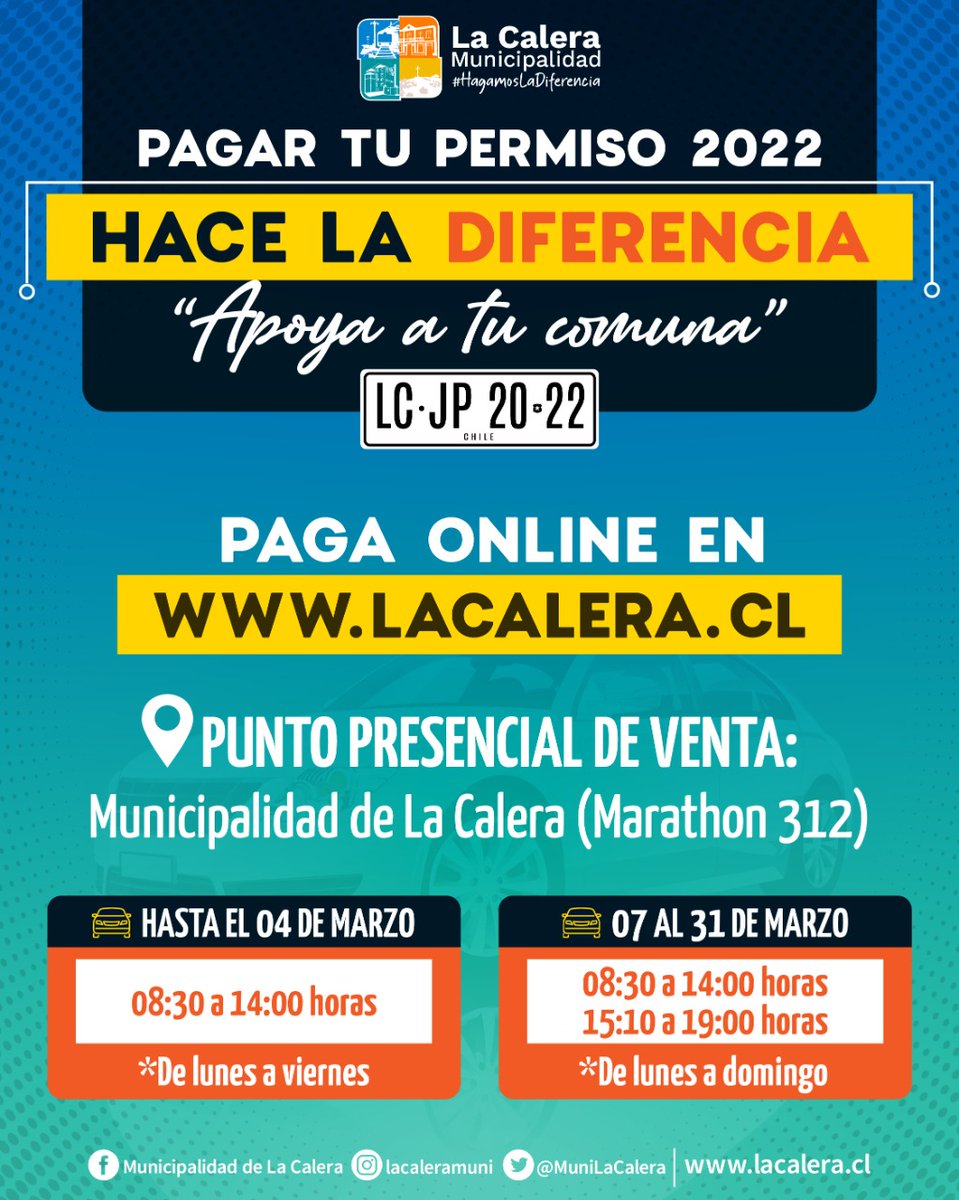 🚕🚗🚙PAGA TU PERMISO DE CIRCULACIÓN 2️⃣0️⃣2️⃣2️⃣ EN TU COMUNA 🚕🚗🚙

💻 PAGO ONLINE ▶️ pagos.lacalera.cl/permisos/

📍 ¿Dónde?
Municipalidad de La Calera: Marathon #312.

#HagamosLaDiferencia 🧡
#LACALERA