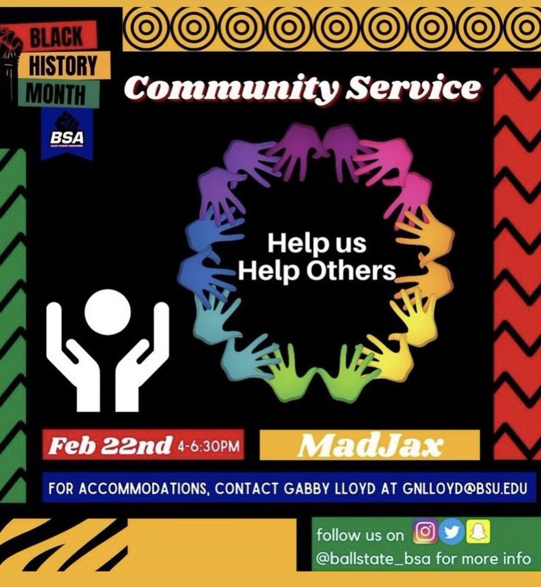 Are you bored sitting in your dorm room all the time? Do you like to do community service? Well, you're in luck. We are having a community service event TODAY from 4 pm-6 pm at Madjax. Please come out and we would love to see you there! If you have any questions let us know. #BSU