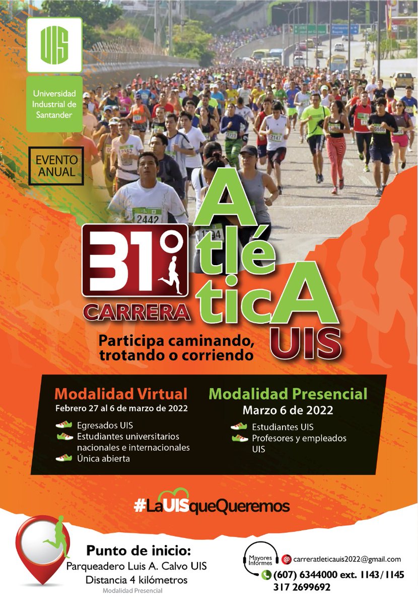 En sus marcas, listos… ¡Abiertas las inscripciones para la Carrera Atlética UIS! 🏃‍♀️🏃‍♂️
Inscripciones carrera presencial👉 ow.ly/2nrk50HJczj
Inscripciones carrera virtual👉ow.ly/Hq6550HJczh
Más información👉ow.ly/ycln50HJczo