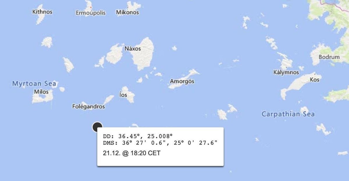 Eine Karte der Kykladen zeigt die Position des Bootes südlich von Folgeandros, als der erste Notruf eintraf.