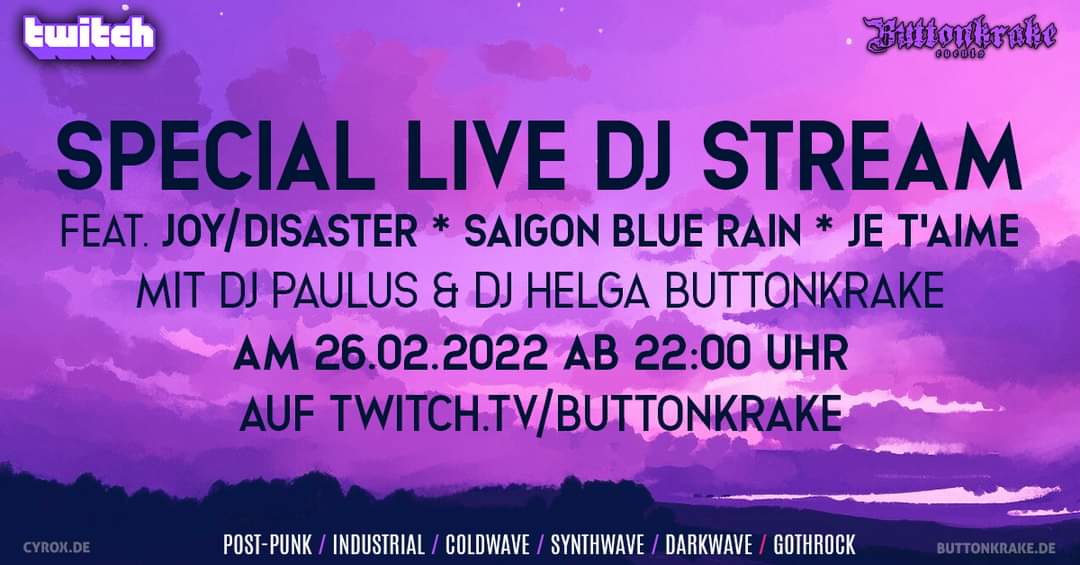 buttonkrake's tweet photo. Samstag am 26.2.2022 auf Twitch
Saturday, February 26, 2022 on Twitch 
https://t.co/y6Z1vucZEG
#baracke5 #buttonkrakeevents #Livestream #twitch #postpunkmusic #synthwave #darkwave #industrialmusic #ebm #coldwave #gothrock https://t.co/xVmGzMBSPt