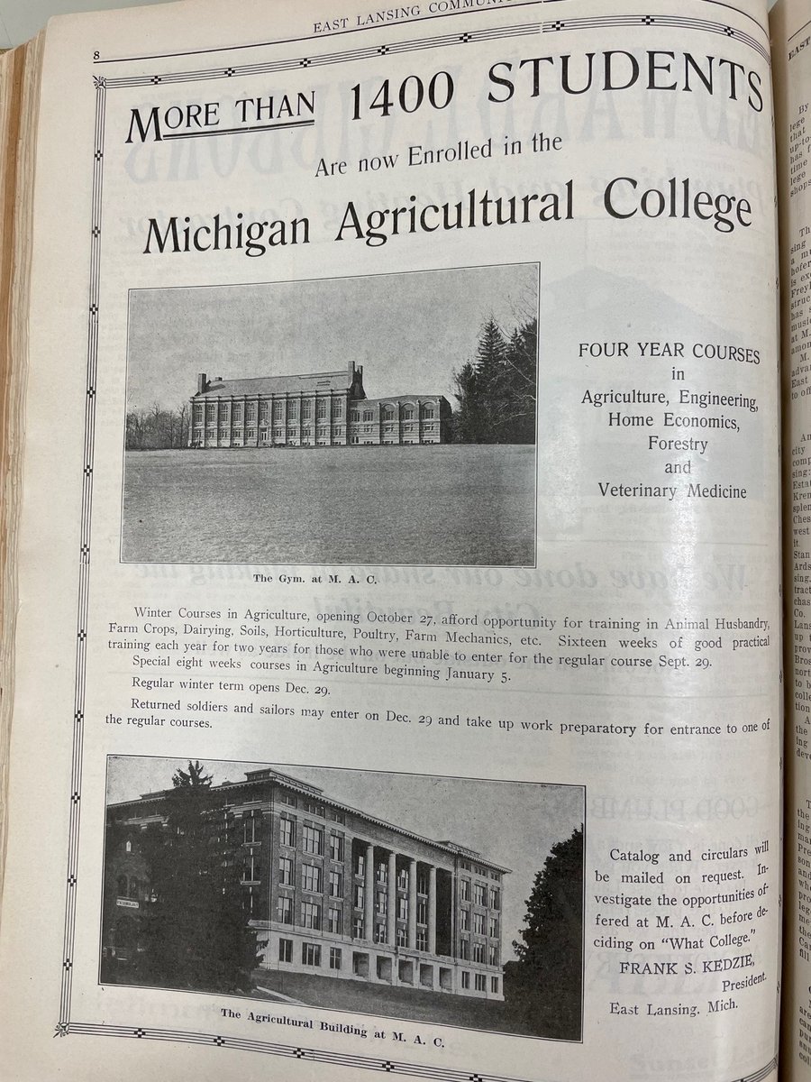 elplibrary's tweet photo. In 1919 MSU had 1400 students enrolled. Today, it's home to nearly 50,000 students! It’s hard to imagine campus as it was just starting out. ELPL is so lucky to have historic newspapers like the one pictured; help us win a grant to digitize them by tweeting #DigEastLansing! https://t.co/dsNoTpkvEl