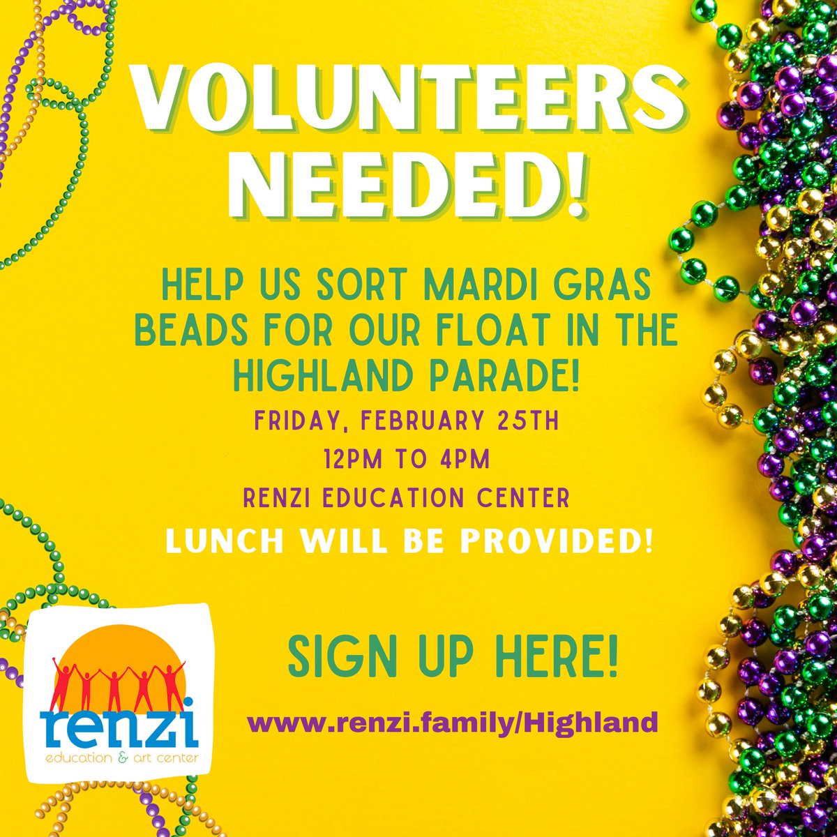We need volunteers to help sort Mardi Gras beads for our float in the Highland Parade. Please register with the link so we know how many lunches to provide.
Sign up at renzi.family/Highland 
.
#shreveport #bossiercity #renzicenter #highlandparade #MardiGras2022