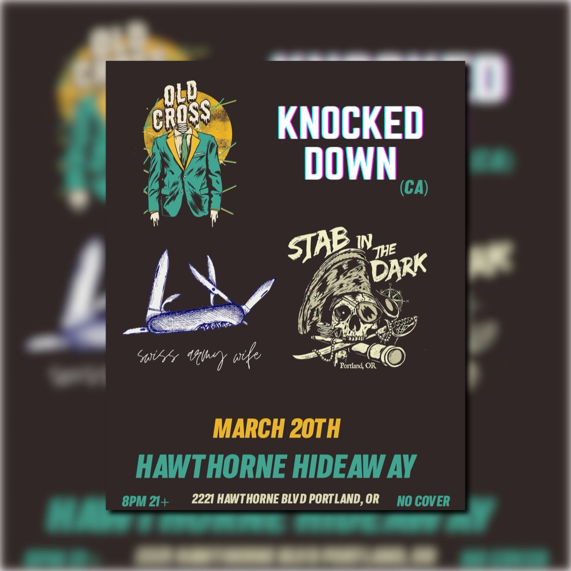 Next STAB in the DARK SHOW!
March 20th at the @thehawthornehideaway w/ the amazing lineup of @oldcrossband <a href="/knockeddownband/">Knocked Down</a> @swissarmywifeband FULL ON STOKAGE🔪💀🔪💀

#pdx #pnw #portland #oregon #or #punk #bands #live #show #hawthorne #punkrock #poppunk #rocknroll #RockShow