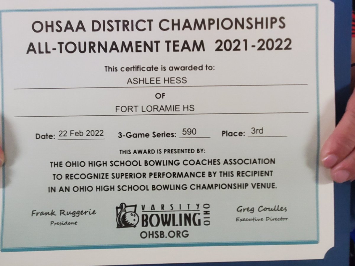 Congratulations to Ashlee Hess, all District Tournament Team! #WeAreFL
<a href="/BowlingFort/">Fort Loramie Bowling</a>