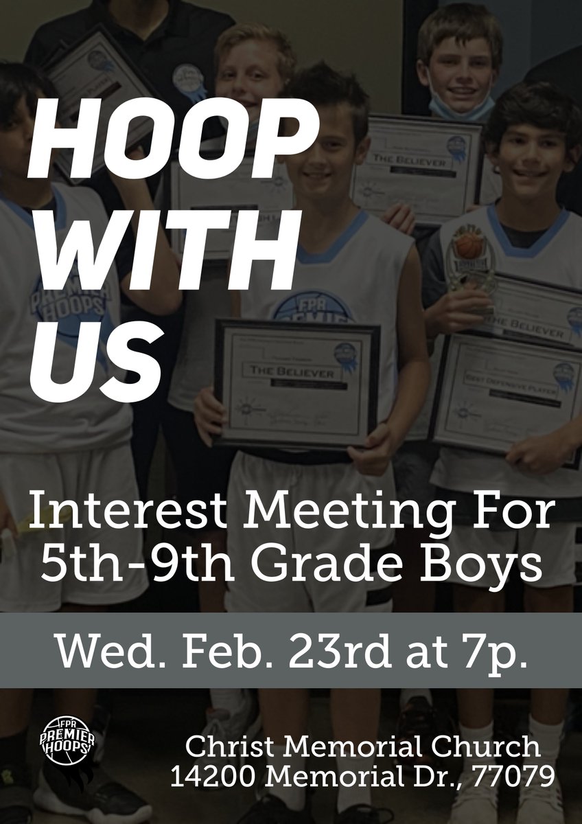 Come and hear about our FPR Premier Hoops 🏀Program on February 23rd at 7pm at Christ Memorial Church