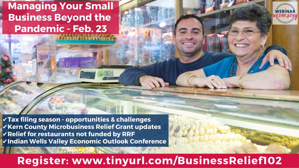 CSUBSBDC's tweet photo. Learn about tax tips, updates on the Kern County Microbusiness grants, and more with SBDC director, Kelly Bearden on our FREE Webinar Wednesday, Feb. 23, 12-1 p.m. https://t.co/CTlY5Jb91f
#CsubSbdc #grants #KernCounty #SBA #smallbusiness https://t.co/Xp9DexyKQ6