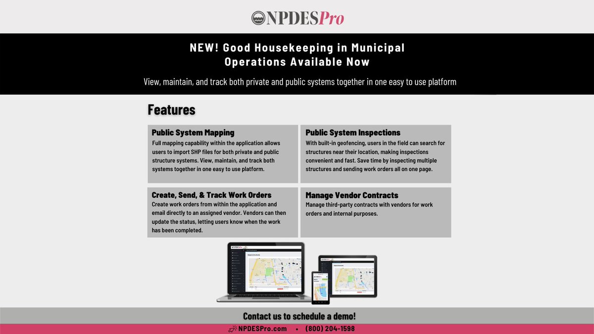 NPDESPro's tweet image. NEW! Just released, the NPDESPro Good Housekeeping in Municipal Operations module is available now. Schedule a free one-on-one demo to learn more!

#NPDESProSoftware #Stormwatersoftware #GoodHousekeepingModule #justreleased📣