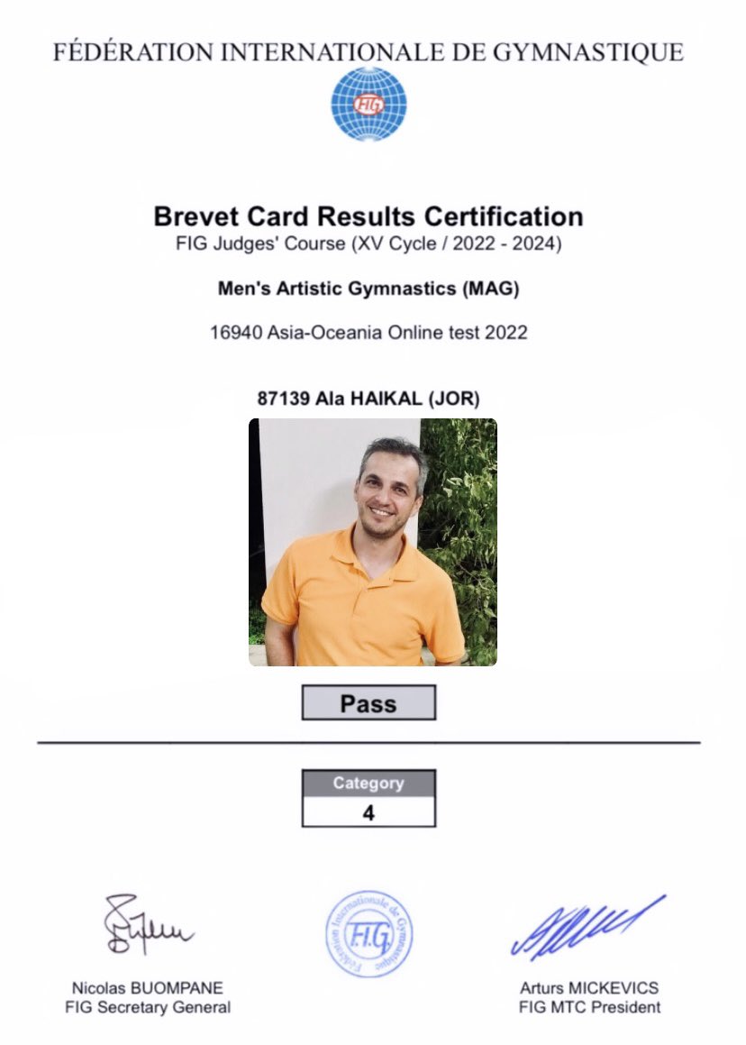 👏🏼👏🏼👏🏼👏🏼
نبارك لحكامنا الدوليين؛ السيد محمد الأخضر، والسيد منير صقر، والدكتور جاد مزاهرة، والمهندس علاء هيكل، لاجتيازهم امتحان التحكيم للجمباز الفني رجال. وبذلك يكونوا قد حافظوا على الدرجة التحكيمية الرابعة.