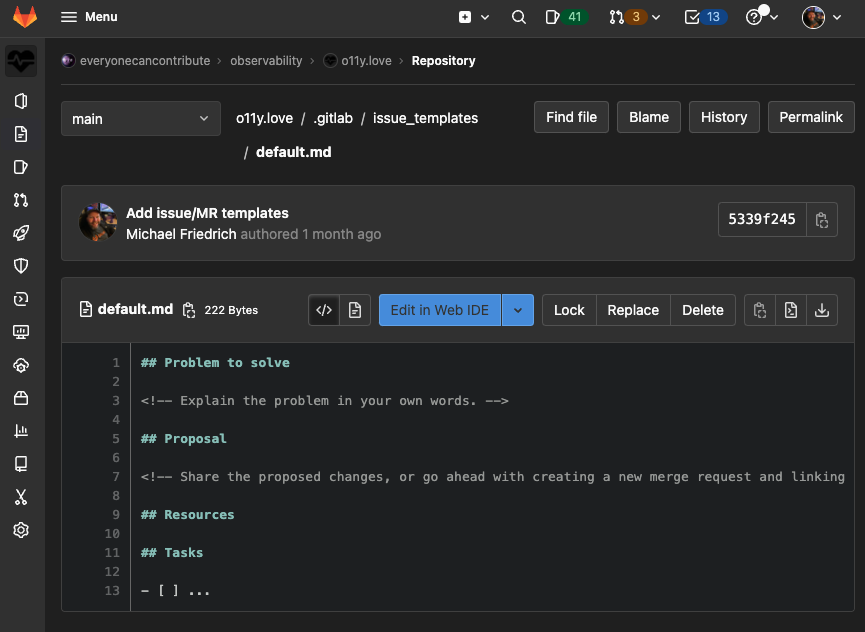dnsmichi's tweet photo. You can define `default` issue/MR templates as a project repository file with @gitlab 14.8 🎉

Finally, thanks so much @davebarrau for your continuous dedication after a regression revert before 14.7. You've helped so much 💜 #EveryoneCanContribute

https://t.co/v2hbd6OCVM https://t.co/pU9razsx26