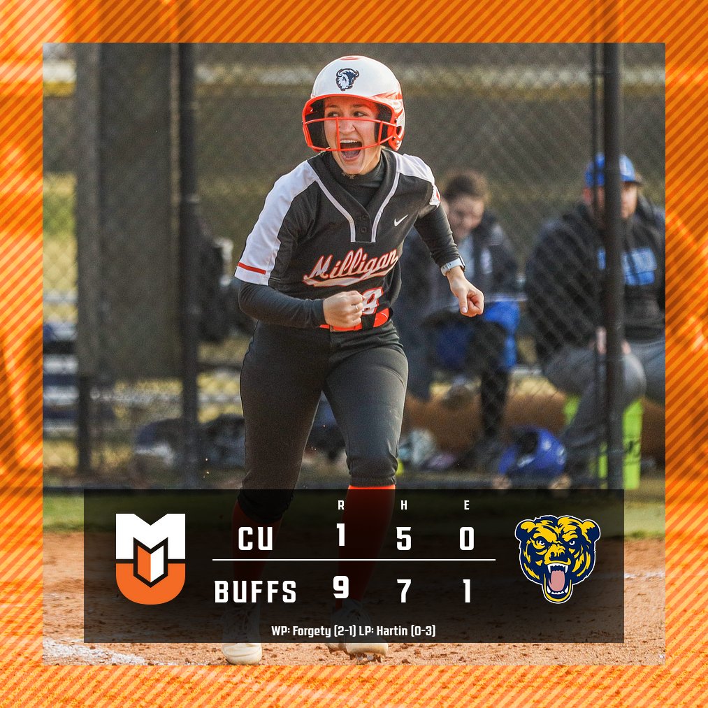 🥎Buffs WIN!!!

Six different players drove in runs as <a href="/MilliganBuffsSB/">Milligan University Softball</a> earned a run-rule victory over Carolina! #BuffStrong🦬

Bailey Cantrell: 2B, 2 RBI, run
Hanna Taylor: 2-3, 2B, 2 RBI, run
Katie Cronin: 2-3, 3B, 2 RBI, run