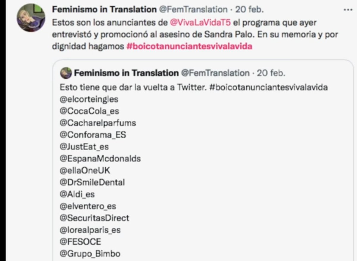 Estas son las #marcaspublicitarias que se anuncian en el programa “viva la vida” de T5, donde entrevistaron al asesino de Sandra Palo.
#boicotanunciantesvivalavida