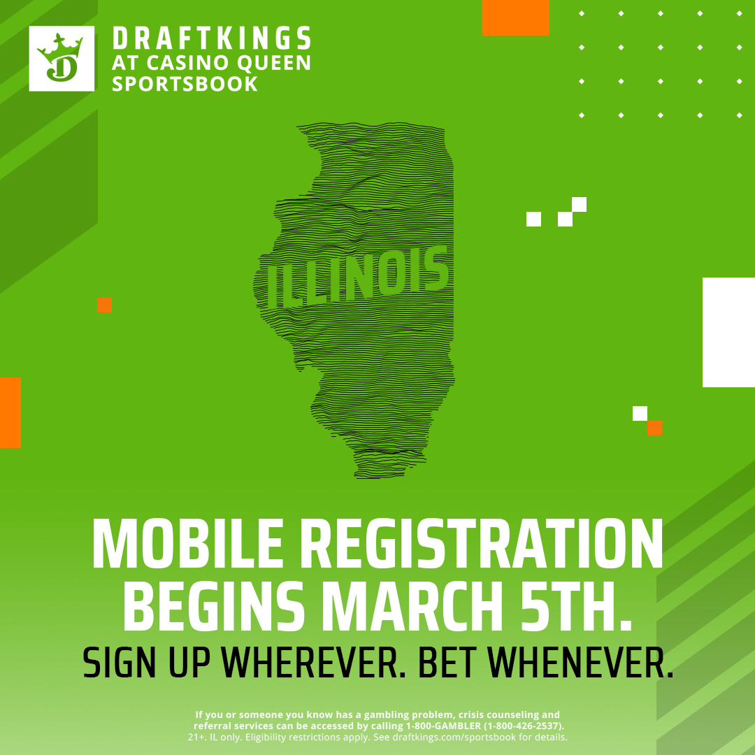 DKSports's tweet photo. Illinois! DraftKings at Casino Queen Sportsbook mobile registration begins on March 5th... ❤️ This tweet to get notified when #DKSportsbook is officially LIVE! You ready? https://t.co/P1edtl1kgo