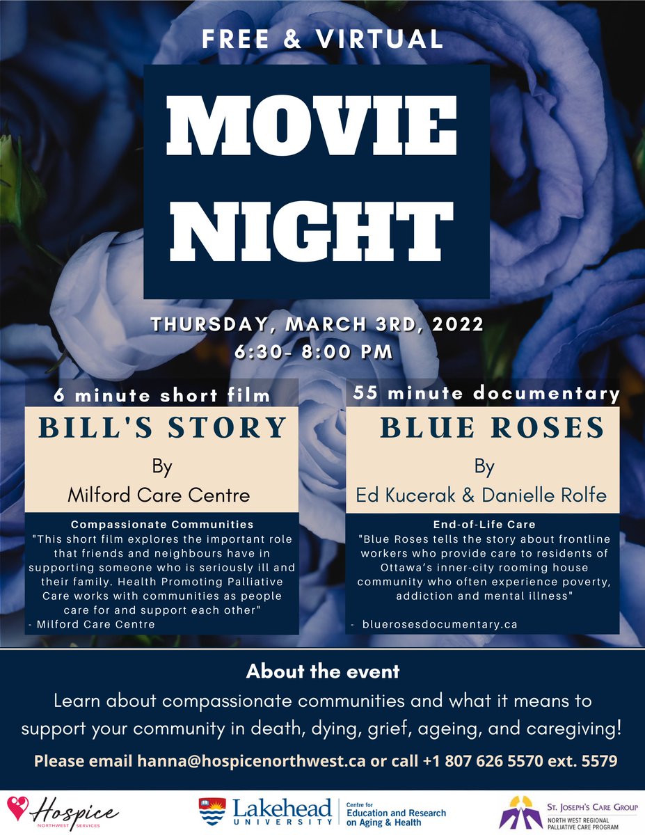 Our documentary Blue Roses is featured in a virtual movie night on March 3rd presented by Hospice Northwest <a href="/HospiceTBay/">Hospice Northwest</a>. Further details on poster. All are welcome to participate.