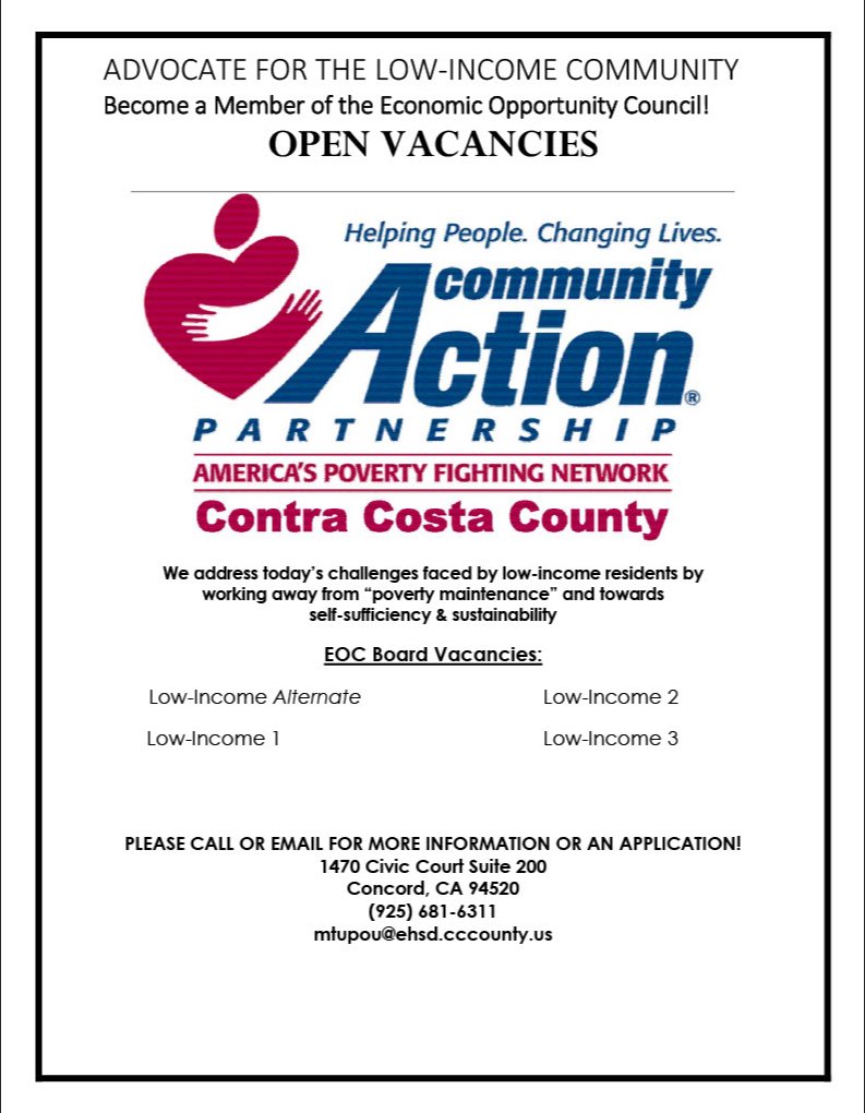 ContraCostaCSB's tweet photo. 📣ANNOUNCEMENT📣 Are you interested in advocating for members of the low income community? We are looking 👀 for YOU! The Economic Opportunity Council (EOC) needs your input! Contact us for more information about the EOC or to apply!  #CommunityAction https://t.co/WU6gPVkRMp