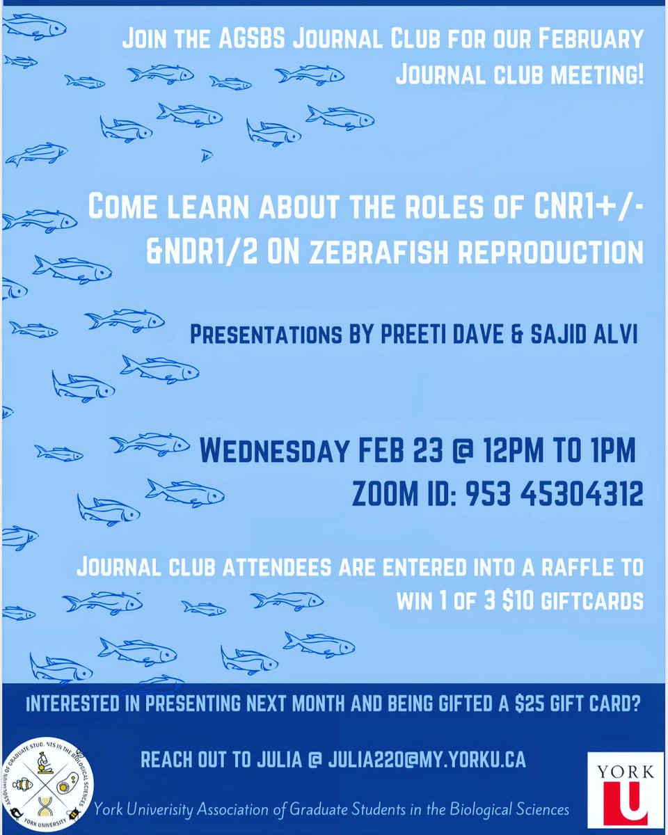 yorkuagsbs's tweet photo. Happening tomorrow!! 🧑💻🐟🎙
#agsbs #journalclub #yorku #biograds #join #joinus #raffleprizes https://t.co/5UmxwAisOO