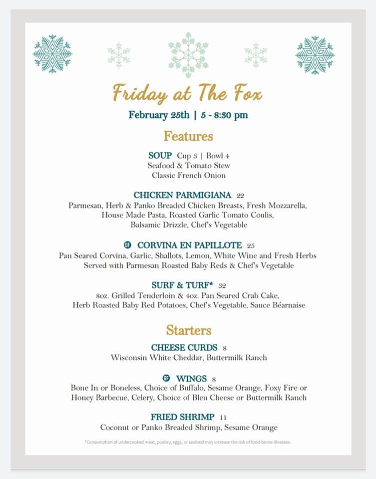 FVGCTheFox's tweet photo. Friday @ The Fox: Friday, February 25th
Bar 4pm to Close | Kitchen 5-8:30pm
Reservations: 920/766-1340 x2 https://t.co/8jrbBRH4rD