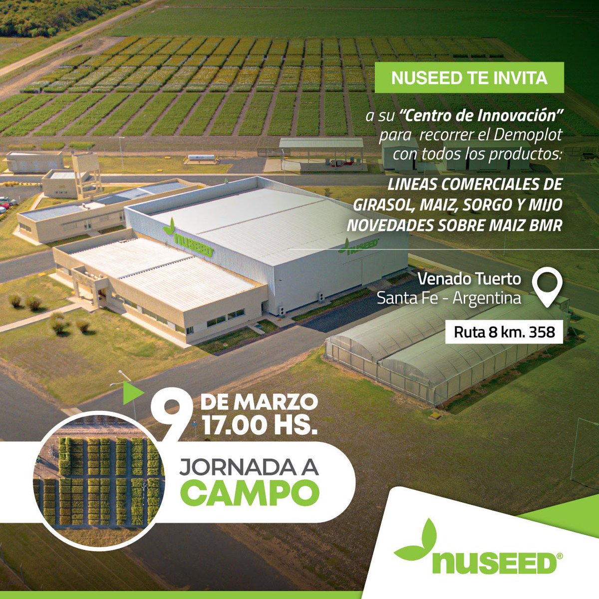bea1911's tweet photo. Te invitamos a participar de nuestra Jornada a Campo en nuestro Centro de Innovación de Venado Tuerto el día 9 de Marzo. Ahí verás todas las novedades que tenemos para contarte sobre #Sorgo #Girasol #maiz #mijo y #MaizBMR. Te esperamos en https://t.co/s0HvkH5RIL @NuseedSemillas https://t.co/99A7hBJRJn