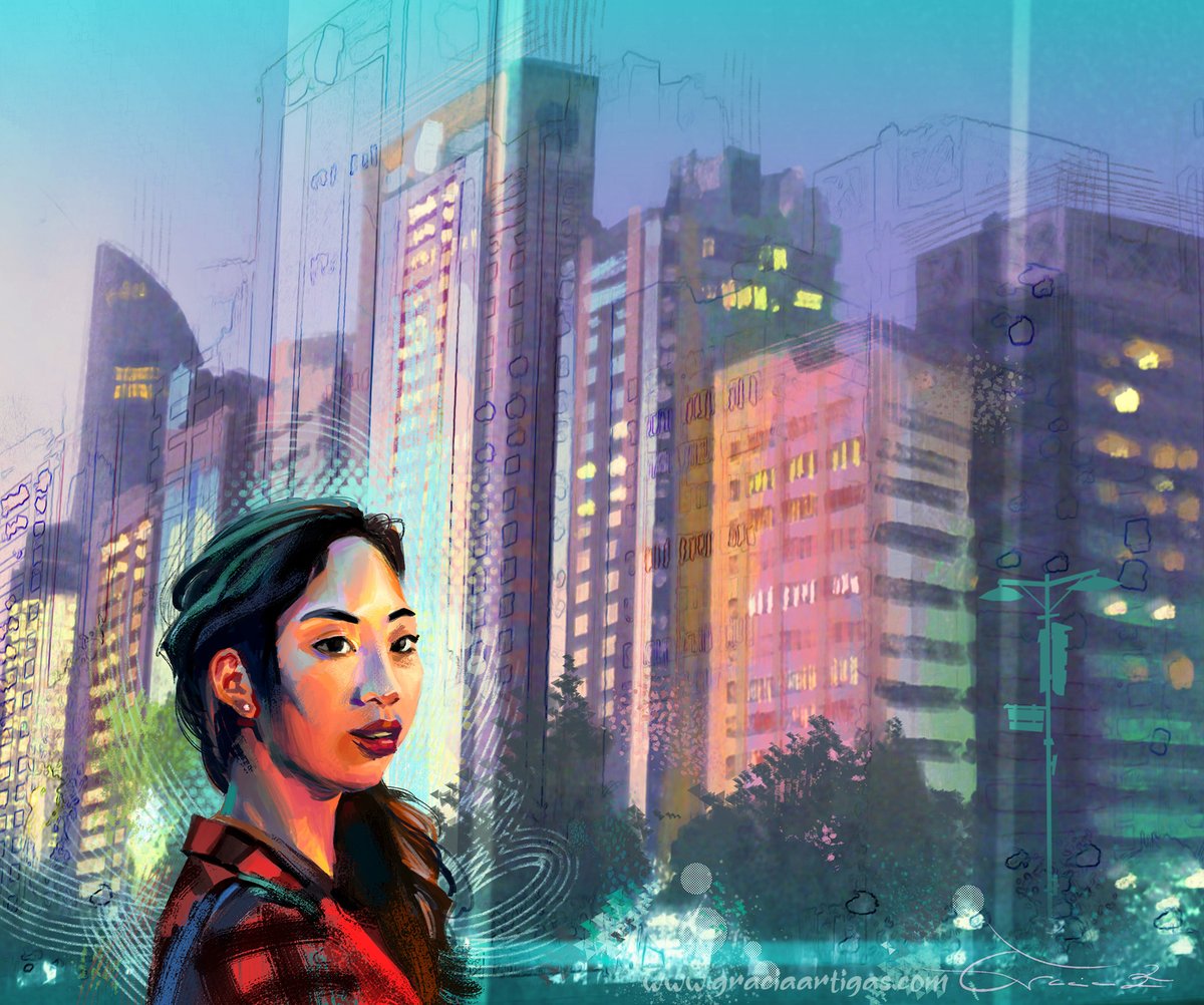 Waiting for the bus. 
#portrait #practice #urbanart #skyline #asia #digitalpainting #brushes #art  #colourful #city instagram.com/gracia.art.s/
etsy.com/shop/GraciArtS…