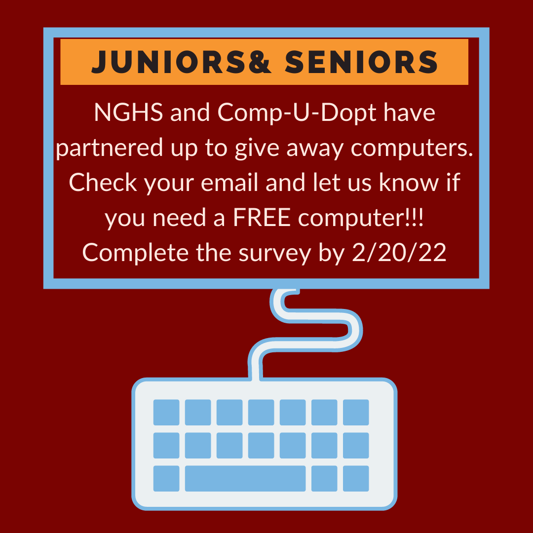 NorthGrandHS's tweet photo. JUNIORS AND SENIORS, WANT A FREE COMPUTER?? Check your email and do the survey OR reach out to Ms. Diaz-Williams at evwilliams2@cps.edu! Deadline has been EXTENDED to the end of the day tomorrow! #hoothoot #freecomputer @NorthGrandHS @northgrandath https://t.co/R2yuJR6ylD