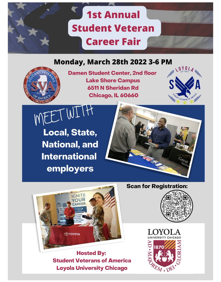 1st Annual Student Veteran Career Fair at Loyola University Chicago on Monday, March 28th from 3-6pm! 
 
There will be a student veteran social in the same building as the career fair from 6-8pm. Hope to see some of you there. #eiuvets