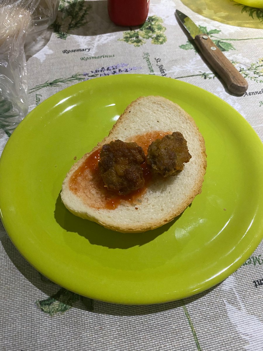 Gamer meal of the day:
Two meatballs on a slice of bread with ketchup.