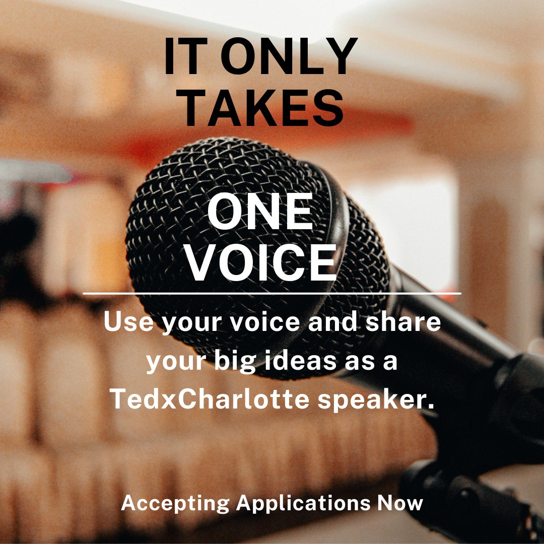 You have a story to tell and ideas to share. Educate and uplift your community as a TedxCharlotte speaker. Applications are open until midnight on March 1, 2022. Apply here at ow.ly/ZS9U50I0Cs1