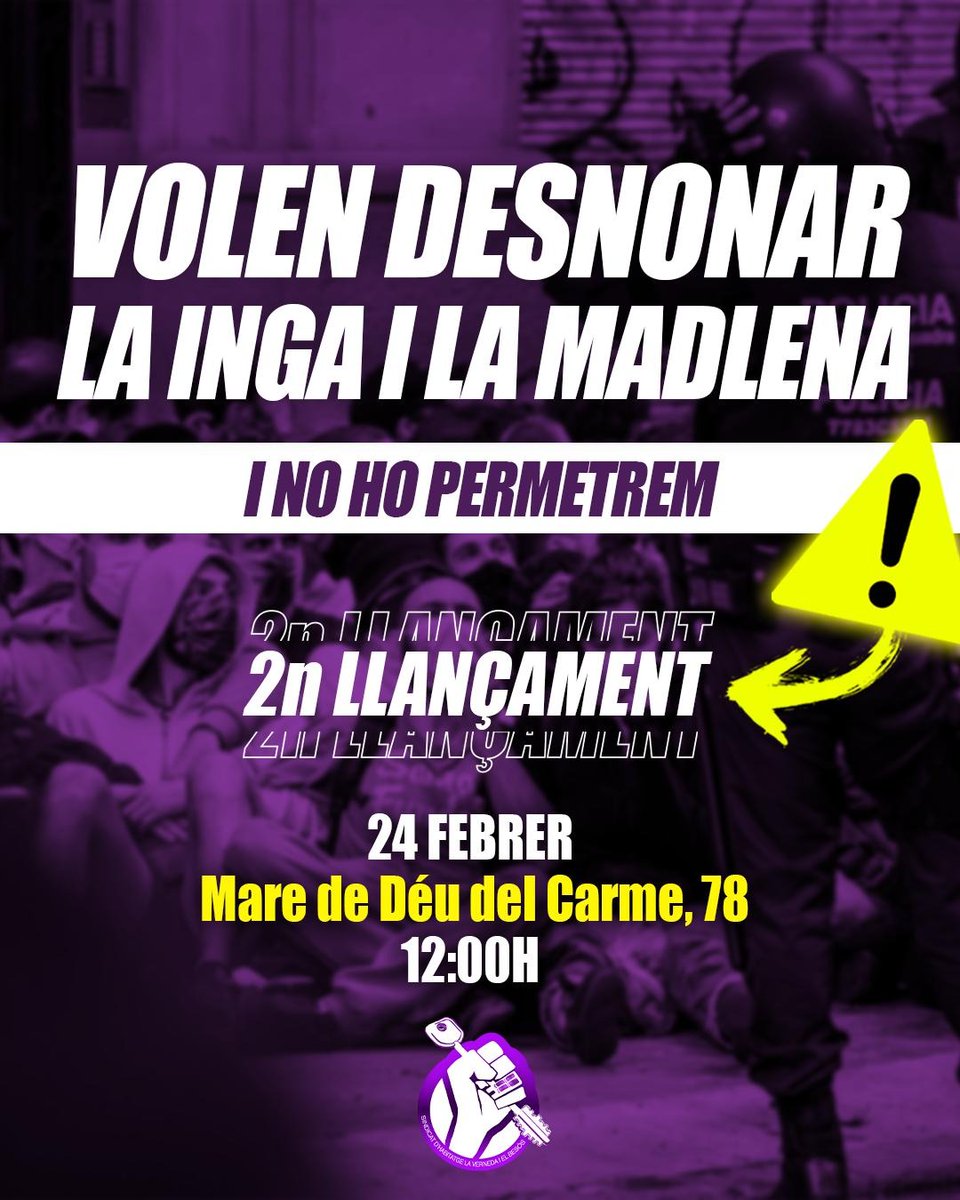 ⚠️ ALERTA DESNONAMENT ⚠️

Aquest dijous volen desnonar a l'Inga i la Madlena, qui porten 2 anys rebent constants coaccions i amenaces de la propietat. No permetrem que els especuladors guanyin i les facin fora!

🕒 12:00
📍 C/ Mare de Déu del Carme, 65
📆 24 de febrer